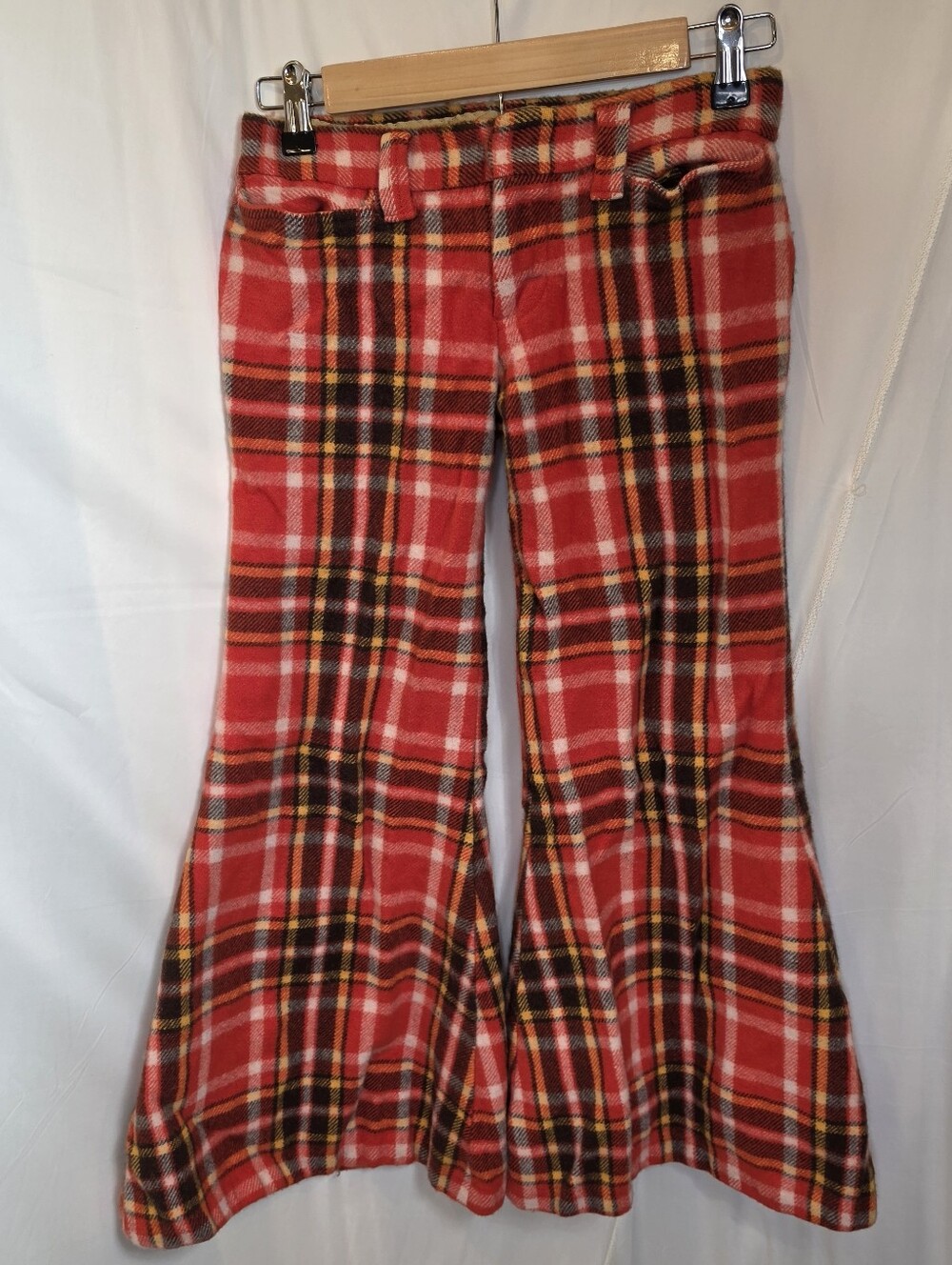 Vtg 70s H.I.S. For Her Wool Plaid Bell Bottom Pants Flared Disco Trouser 25 X 28